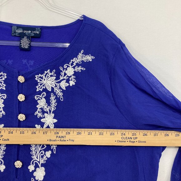 Susan Graver size 3X Blue Violet White Floral Embroidered Feminine Stretch Top - Picture 6 of 9
